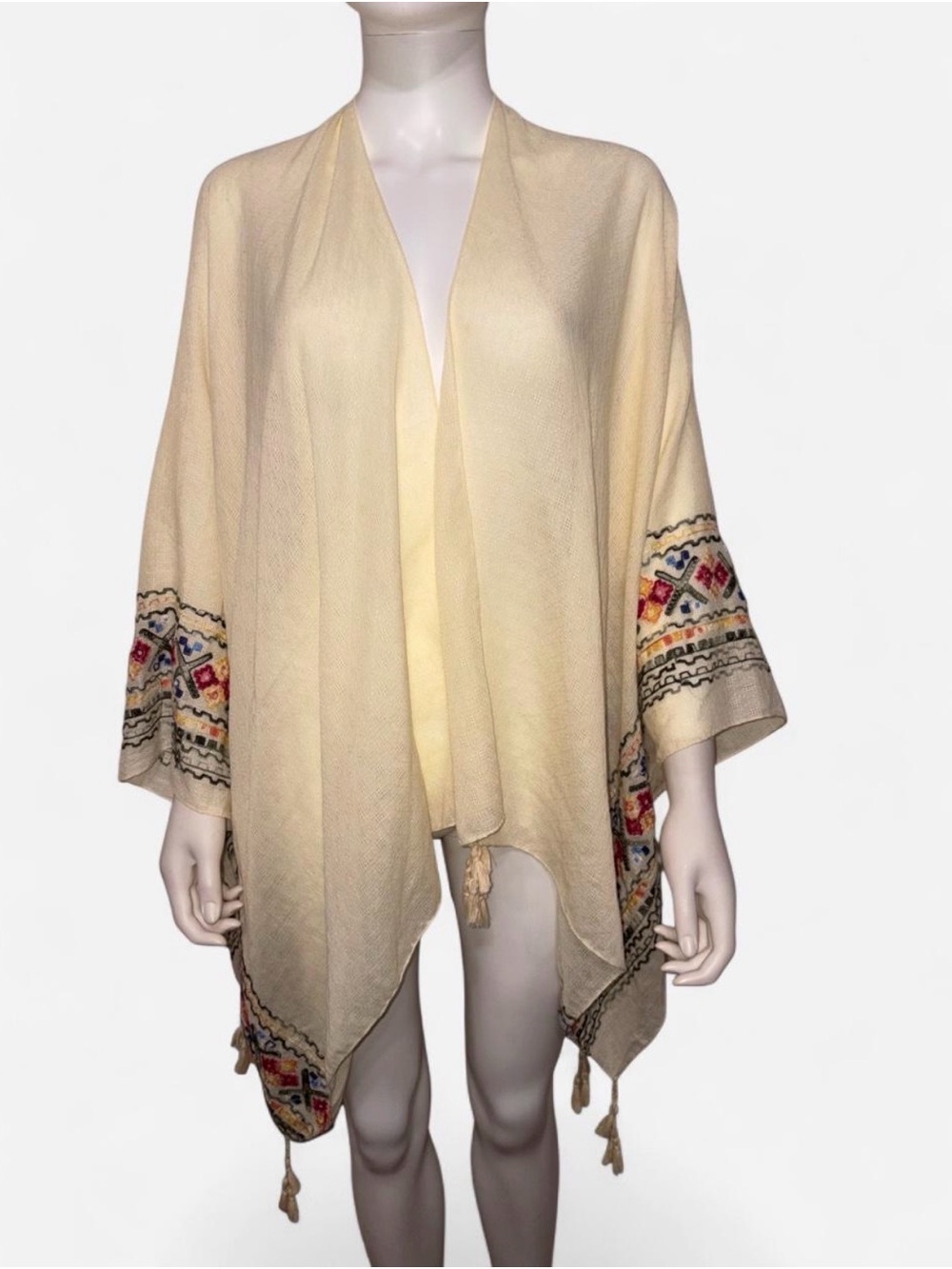 Embroidered Cream Open-Front Poncho with Tassels